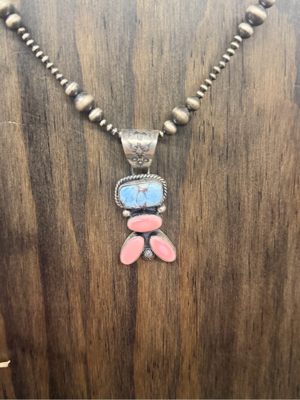 Native Made Sterling Silver hand Turquoise and Pink Coral Pendant